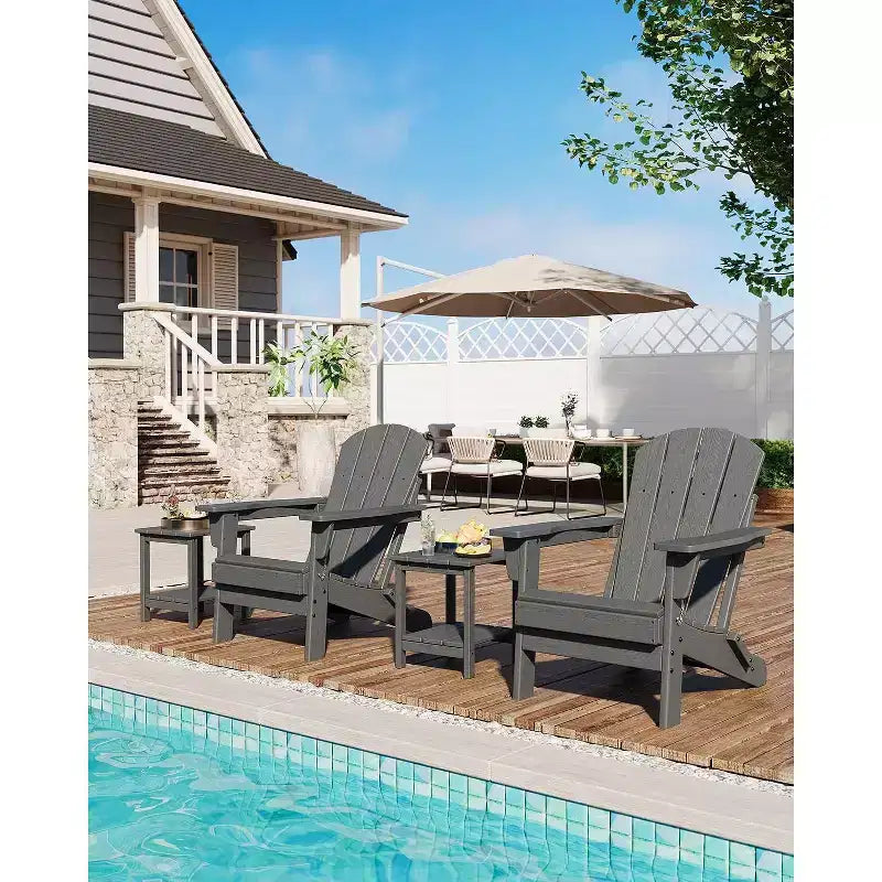 Acekool Folding Adirondack Chairs set of 2, HDPE Plastic Outdoor Chair Wood Texture, 380lbs, Patio/Deck/Backyard