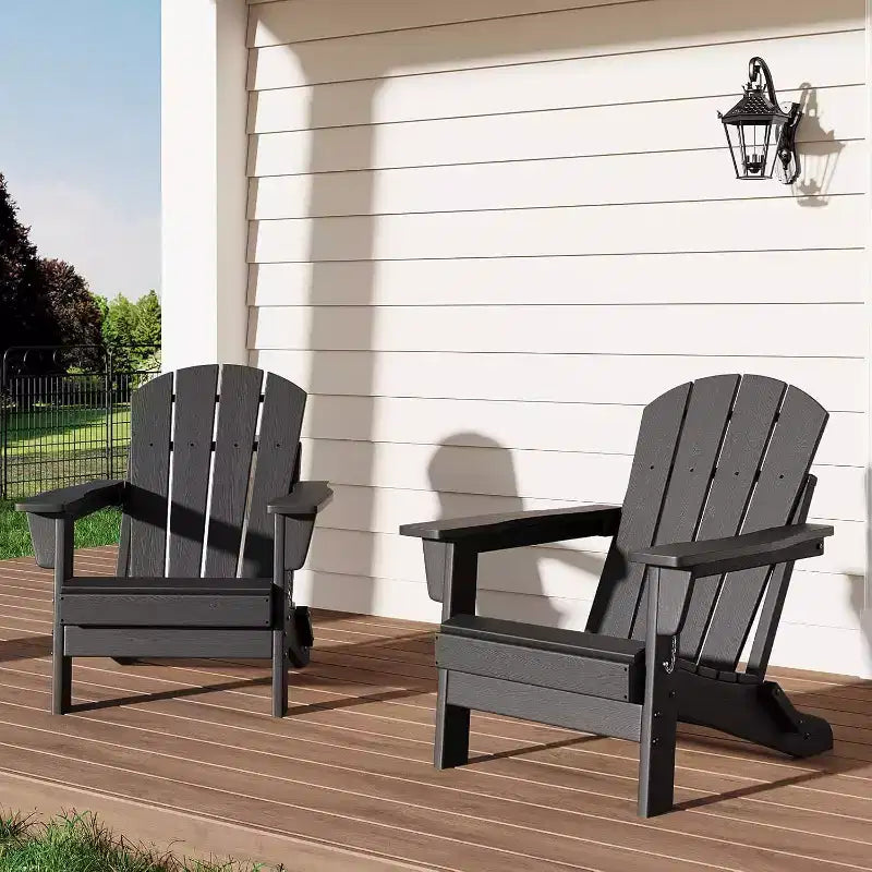 Acekool Folding Adirondack Chairs set of 2, HDPE Plastic Outdoor Chair Wood Texture, 380lbs, Patio/Deck/Backyard