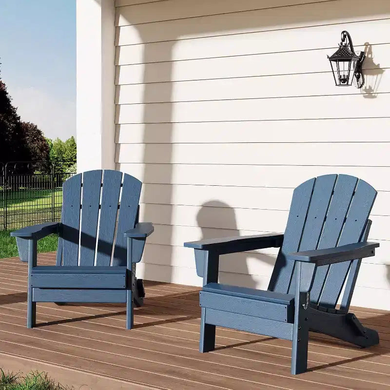 Acekool Folding Adirondack Chairs set of 2, HDPE Plastic Outdoor Chair Wood Texture, 380lbs, Patio/Deck/Backyard