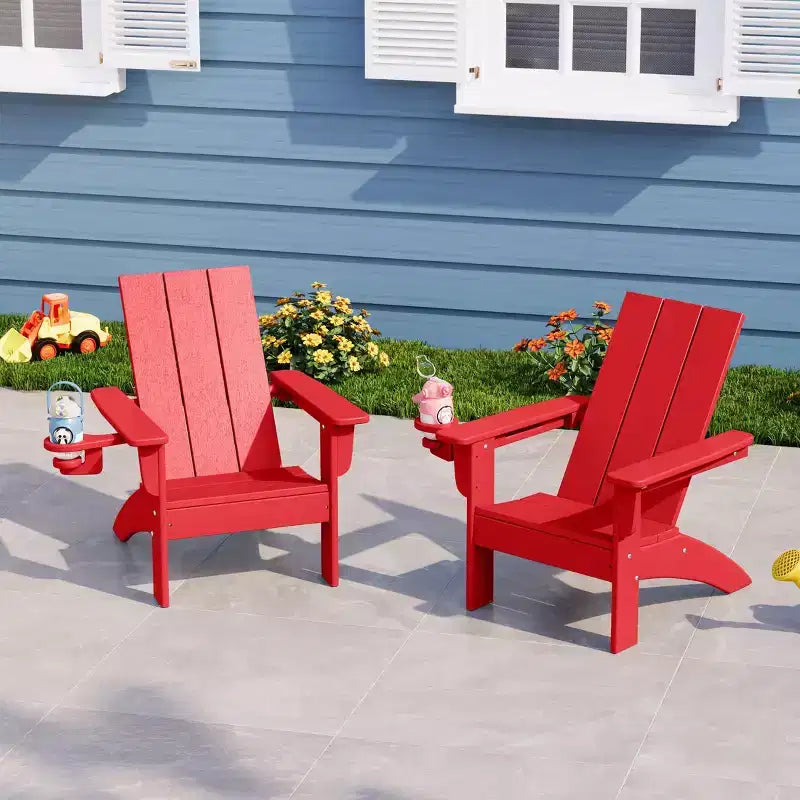 WestinTrends Ashore Kids Outdoor HDPE Plastic Modern Adirondack Patio Chairs with Cup Holders (Set of 2)