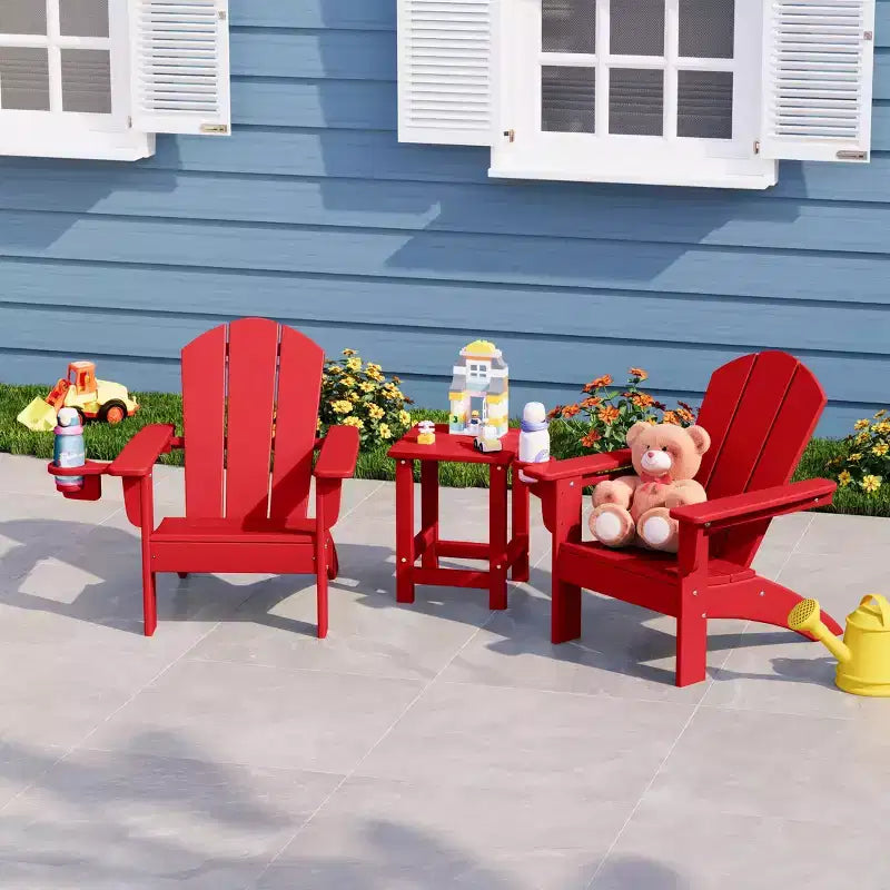 WestinTrends Malibu 3-Piece Kids HDPE Adirondack Chairs Set with Square Side Table and Cup Holders