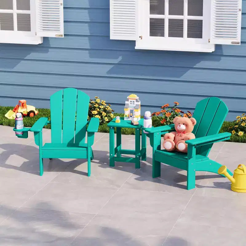 WestinTrends Malibu 3-Piece Kids HDPE Adirondack Chairs Set with Square Side Table and Cup Holders