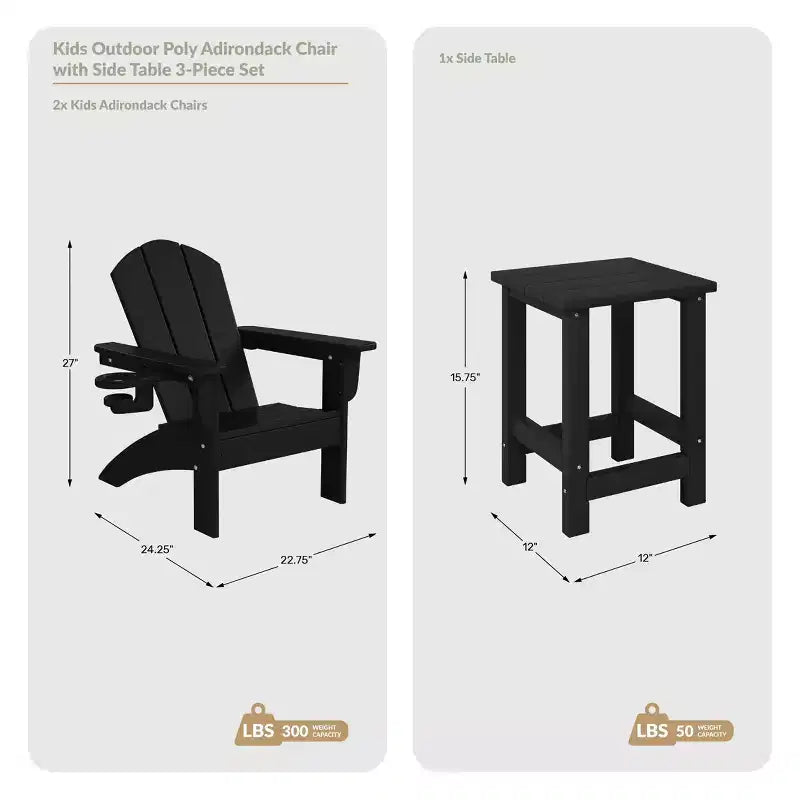 WestinTrends Malibu 3-Piece Kids HDPE Adirondack Chairs Set with Square Side Table and Cup Holders