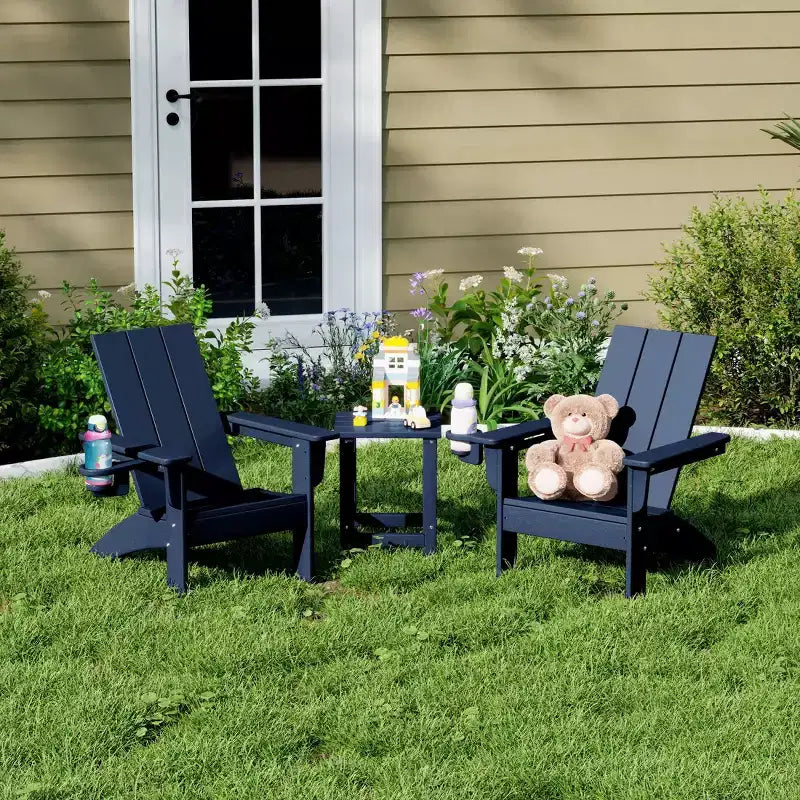 WestinTrends Ashore 3-Piece Kids HDPE Modern Adirondack Chairs Set with Square Side Table and Cup Holders