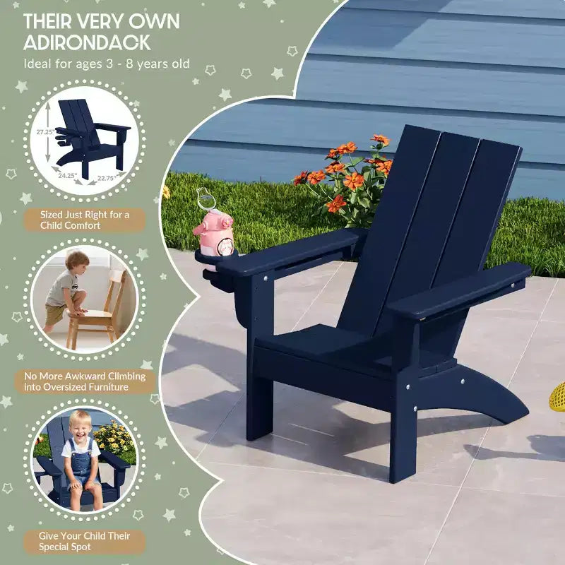 WestinTrends Ashore 3-Piece Kids HDPE Modern Adirondack Chairs Set with Square Side Table and Cup Holders