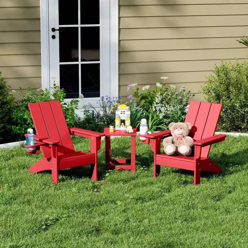 WestinTrends Ashore 3-Piece Kids HDPE Modern Adirondack Chairs Set with Square Side Table and Cup Holders