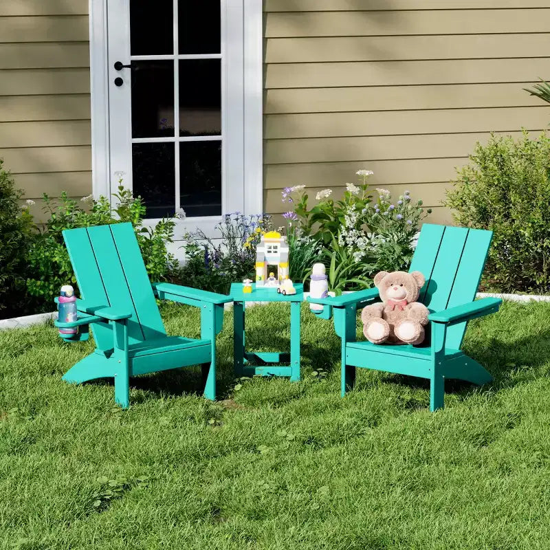 WestinTrends Ashore 3-Piece Kids HDPE Modern Adirondack Chairs Set with Square Side Table and Cup Holders