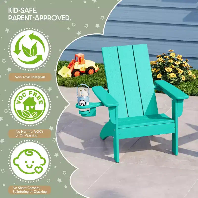 WestinTrends Ashore 3-Piece Kids HDPE Modern Adirondack Chairs Set with Square Side Table and Cup Holders