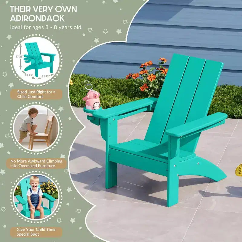 WestinTrends Ashore 3-Piece Kids HDPE Modern Adirondack Chairs Set with Square Side Table and Cup Holders