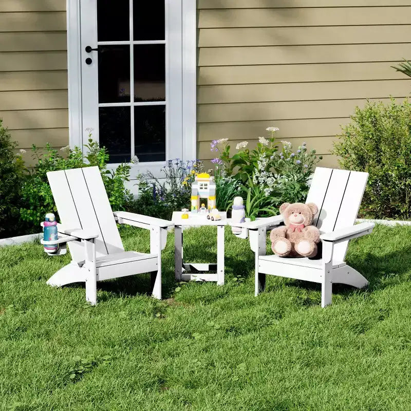 WestinTrends Ashore 3-Piece Kids HDPE Modern Adirondack Chairs Set with Square Side Table and Cup Holders