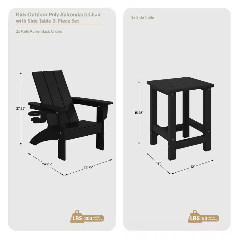 WestinTrends Ashore 3-Piece Kids HDPE Modern Adirondack Chairs Set with Square Side Table and Cup Holders