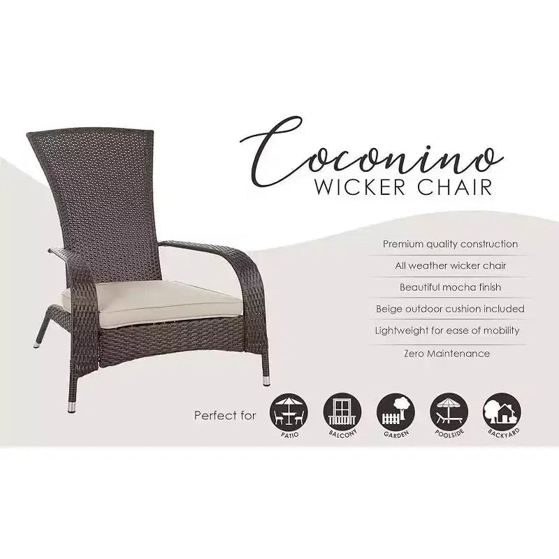 Balkene Home 62966 Coconino Wicker Conversation Set Lightweight & Durable Adirondack Style Chairs All Weather Wicker Includes Khaki Cushions - Mocha