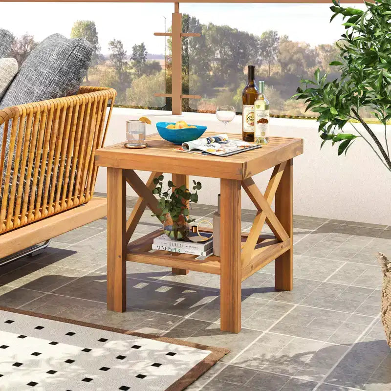 Costway 2PCS Outdoor Side Table Acacia Wood Adirondack Table w/ Storage Shelf Natural