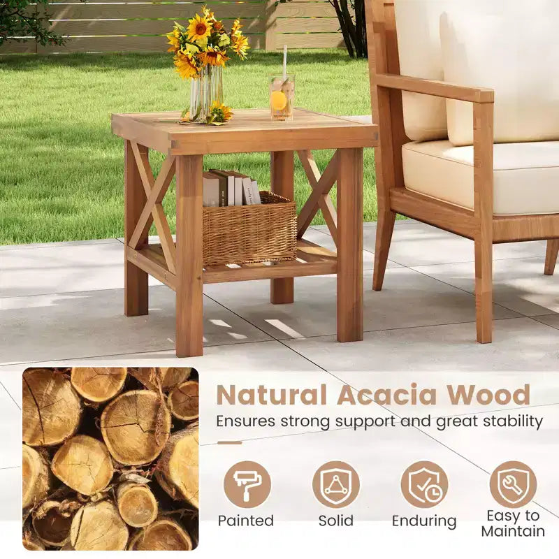 Costway 2PCS Outdoor Side Table Acacia Wood Adirondack Table w/ Storage Shelf Natural