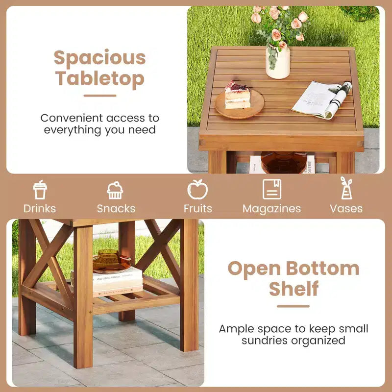 Costway 2PCS Outdoor Side Table Acacia Wood Adirondack Table w/ Storage Shelf Natural