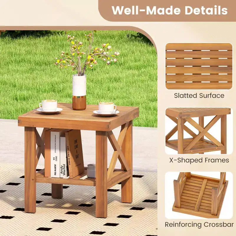 Costway 2PCS Outdoor Side Table Acacia Wood Adirondack Table w/ Storage Shelf Natural