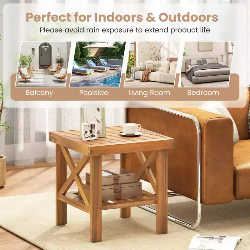 Costway Outdoor Side Table Acacia Wood Adirondack Table w/ Storage Shelf Natural