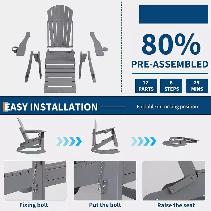COZONY Adirondack Outdoor Rocking Chair, Folding Design with Cup Holders, HDPE All-Weather