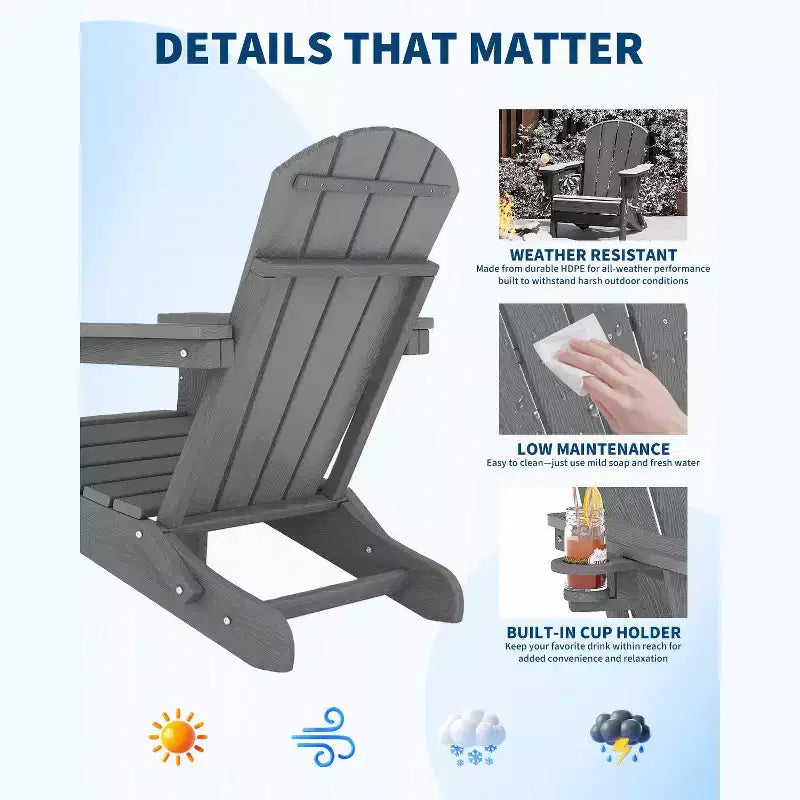 Folding Adirondack Chairs, All-Weather HDPE Outdoor Chairs with Cup Holders & Wood Texture for Patio, Fire Pit & Garden