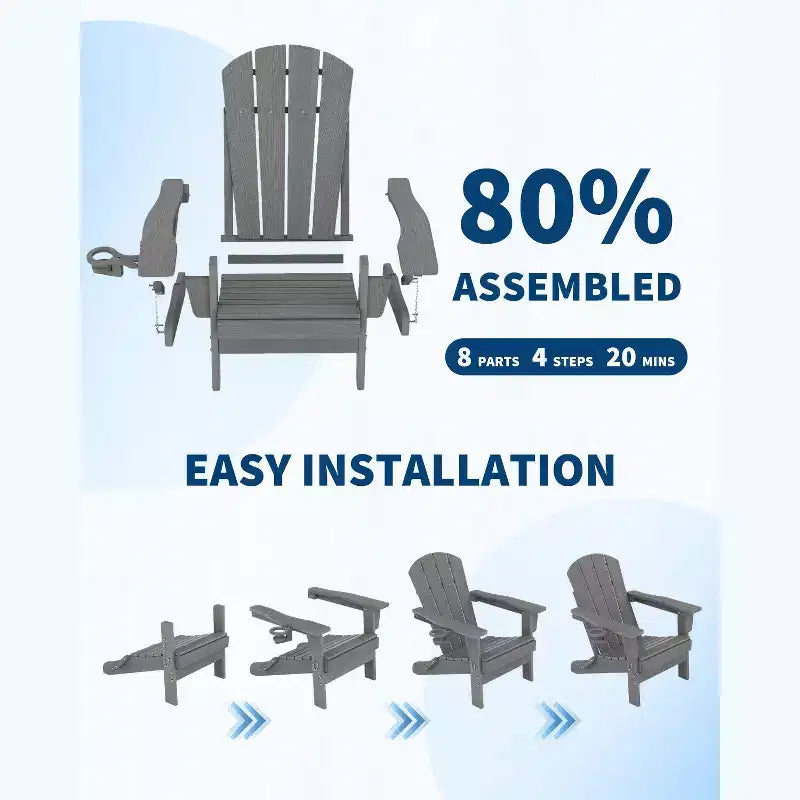 Folding Adirondack Chairs, All-Weather HDPE Outdoor Chairs with Cup Holders & Wood Texture for Patio, Fire Pit & Garden