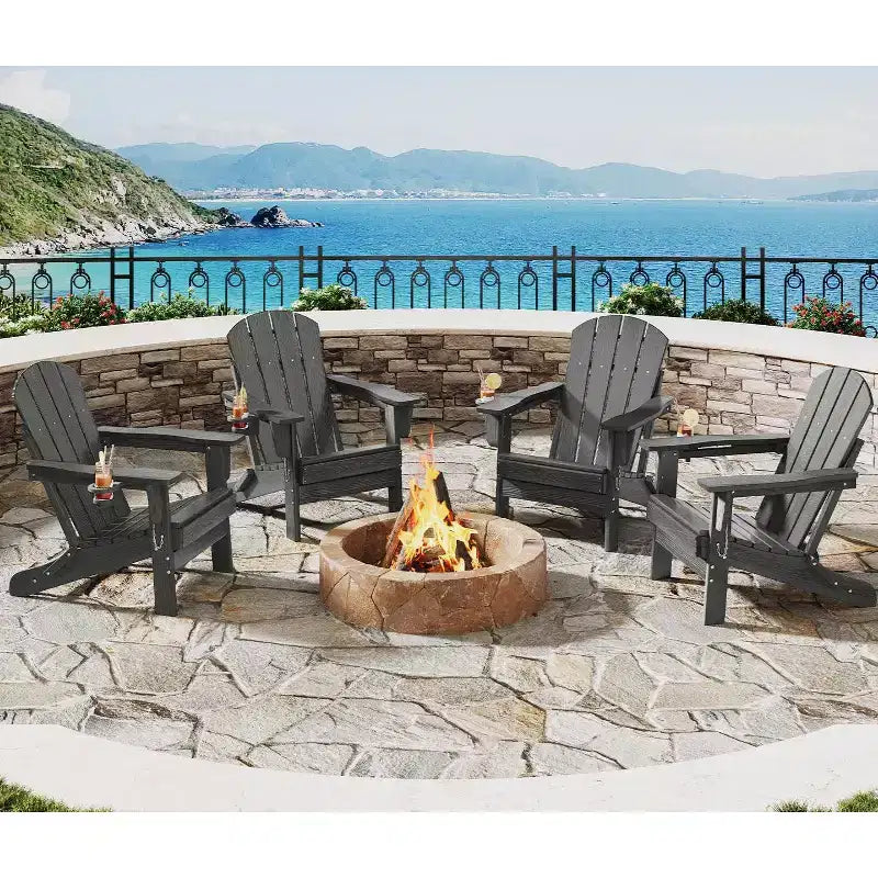 Folding Adirondack Chairs, All-Weather HDPE Outdoor Chairs with Cup Holders & Wood Texture for Patio, Fire Pit & Garden
