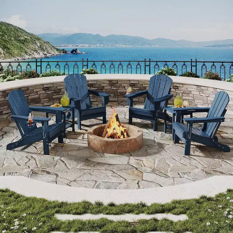 Folding Adirondack Chairs, All-Weather HDPE Outdoor Chairs with Cup Holders & Wood Texture for Patio, Fire Pit & Garden