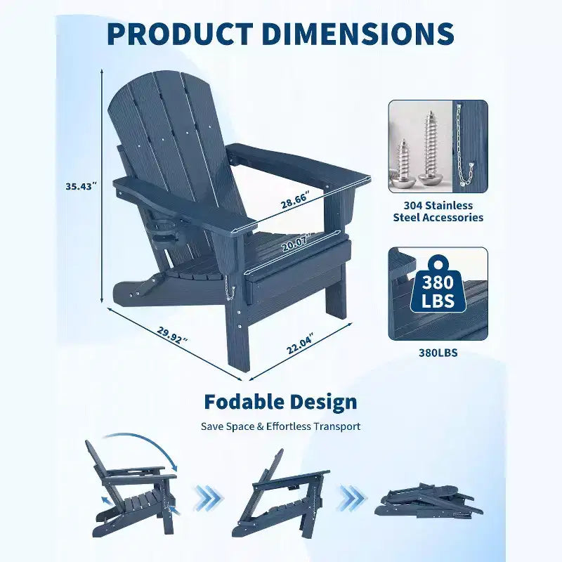Folding Adirondack Chairs, All-Weather HDPE Outdoor Chairs with Cup Holders & Wood Texture for Patio, Fire Pit & Garden