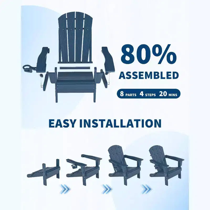 Folding Adirondack Chairs, All-Weather HDPE Outdoor Chairs with Cup Holders & Wood Texture for Patio, Fire Pit & Garden