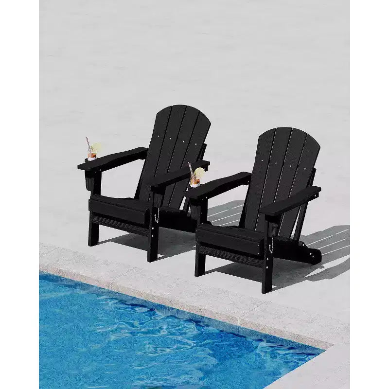 Folding Adirondack Chairs, All-Weather HDPE Outdoor Chairs with Cup Holders & Wood Texture for Patio, Fire Pit & Garden