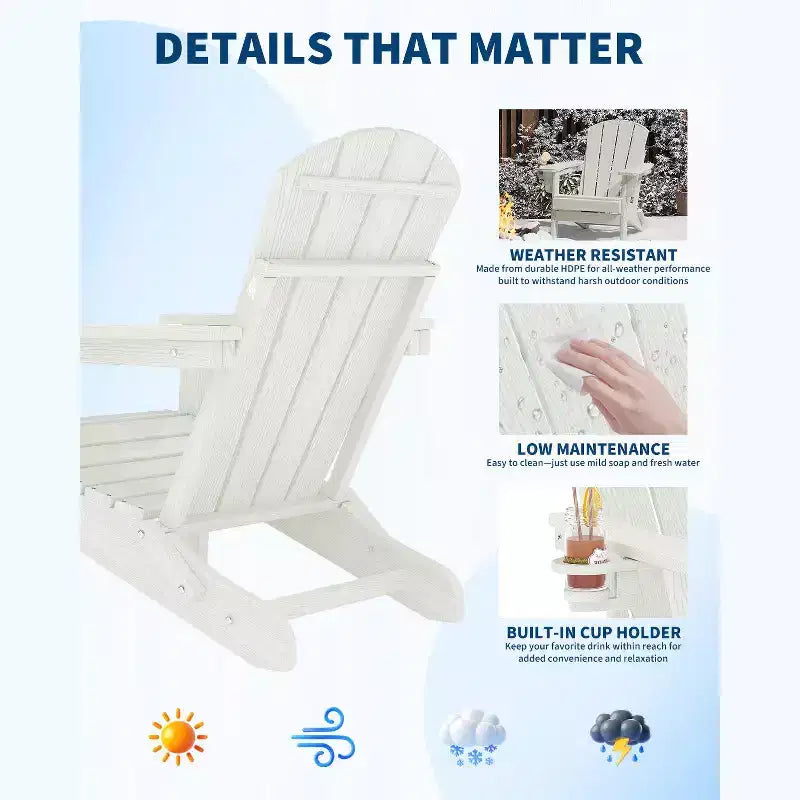 Folding Adirondack Chairs, All-Weather HDPE Outdoor Chairs with Cup Holders & Wood Texture for Patio, Fire Pit & Garden