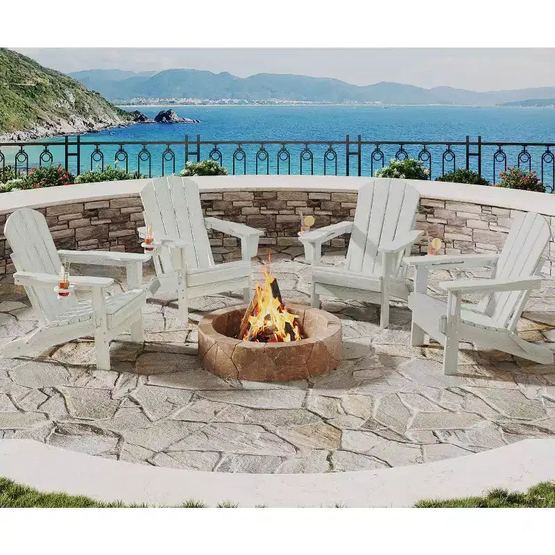Folding Adirondack Chairs, All-Weather HDPE Outdoor Chairs with Cup Holders & Wood Texture for Patio, Fire Pit & Garden