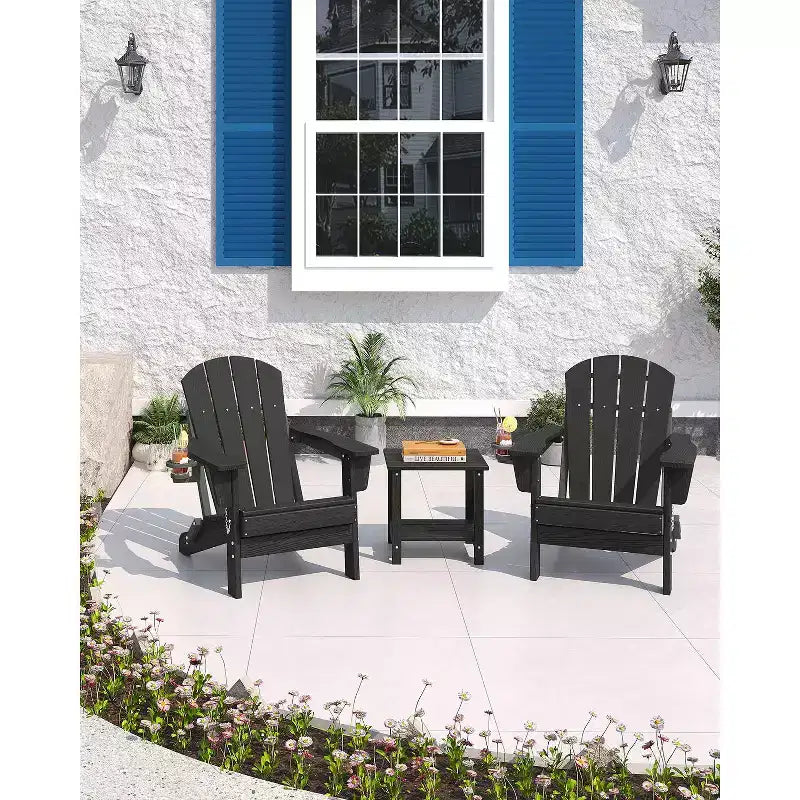 Folding Adirondack Chairs, All-Weather HDPE Outdoor Chairs with Cup Holders & Wood Texture for Patio, Fire Pit & Garden