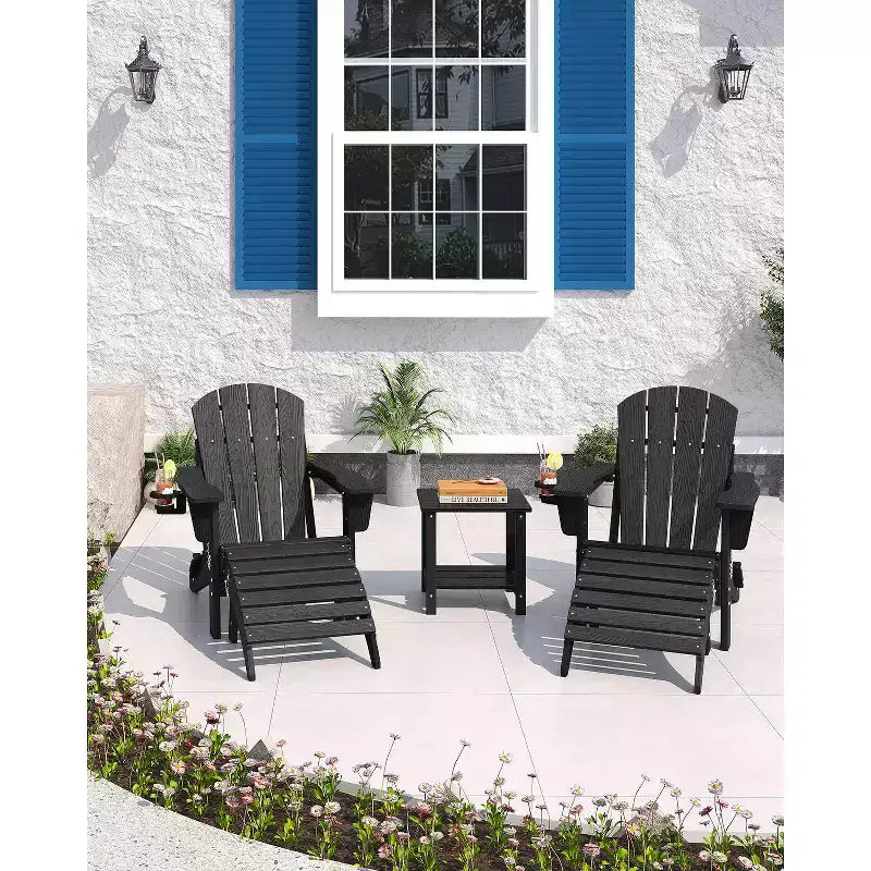 Folding Adirondack Chairs, All-Weather HDPE Outdoor Chairs with Cup Holders & Wood Texture for Patio, Fire Pit & Garden