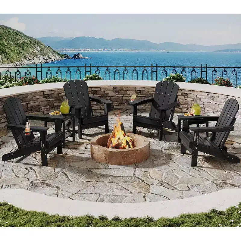 Folding Adirondack Chairs, All-Weather HDPE Outdoor Chairs with Cup Holders & Wood Texture for Patio, Fire Pit & Garden