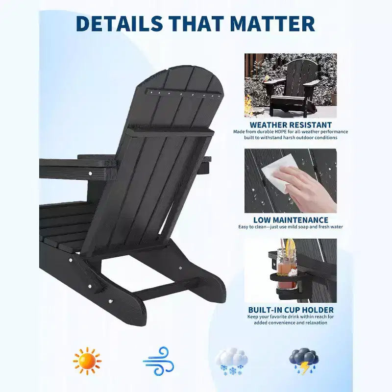 Folding Adirondack Chairs, All-Weather HDPE Outdoor Chairs with Cup Holders & Wood Texture for Patio, Fire Pit & Garden