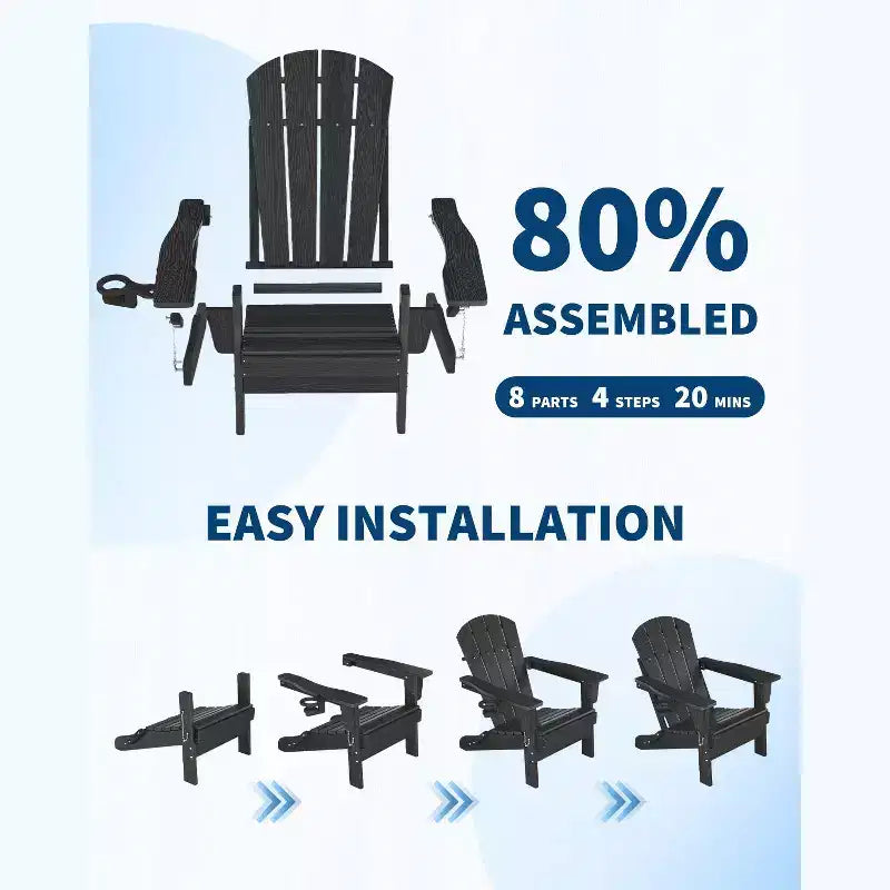 Folding Adirondack Chairs, All-Weather HDPE Outdoor Chairs with Cup Holders & Wood Texture for Patio, Fire Pit & Garden