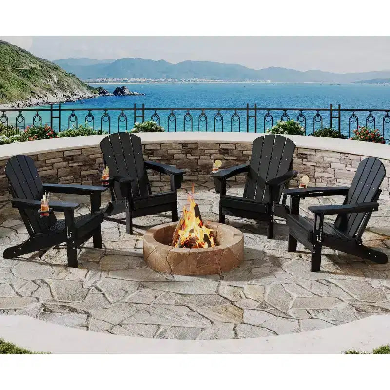 Folding Adirondack Chairs, All-Weather HDPE Outdoor Chairs with Cup Holders & Wood Texture for Patio, Fire Pit & Garden