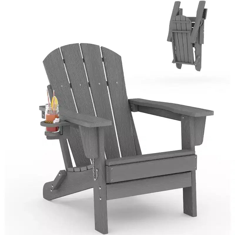 Folding Adirondack Chairs, All-Weather HDPE Outdoor Chairs with Cup Holders & Wood Texture for Patio, Fire Pit & Garden