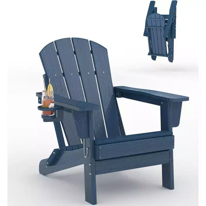 Folding Adirondack Chairs, All-Weather HDPE Outdoor Chairs with Cup Holders & Wood Texture for Patio, Fire Pit & Garden