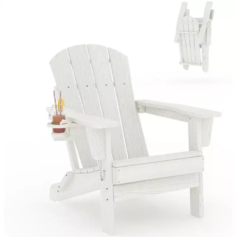 Folding Adirondack Chairs, All-Weather HDPE Outdoor Chairs with Cup Holders & Wood Texture for Patio, Fire Pit & Garden