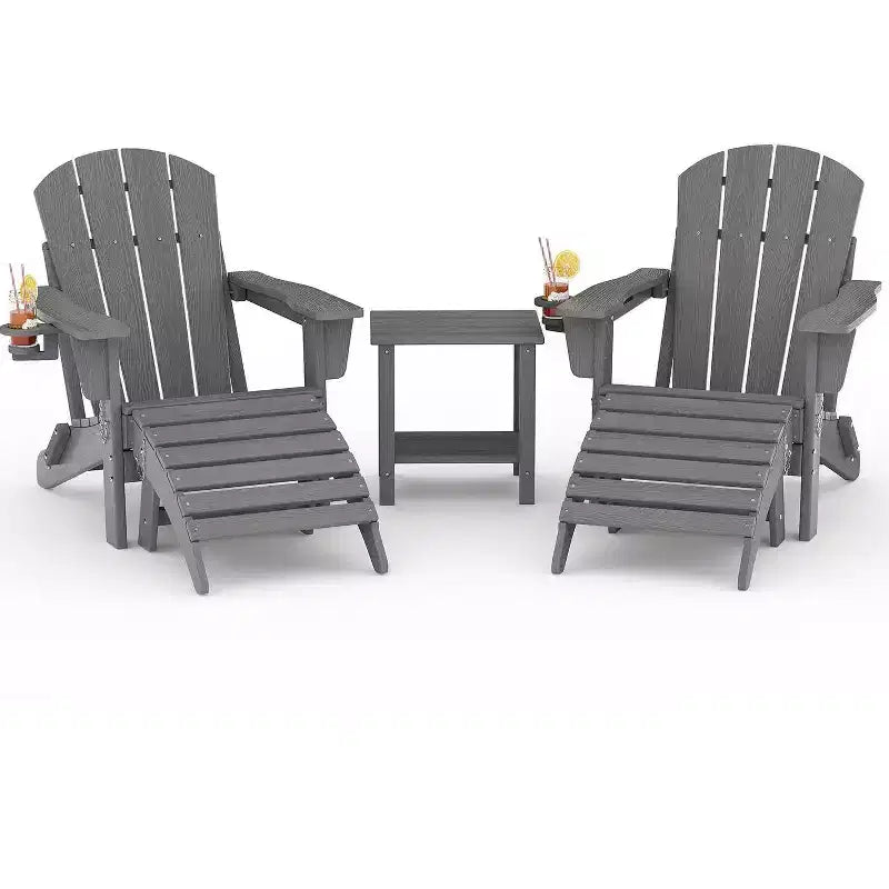 Folding Adirondack Chairs, All-Weather HDPE Outdoor Chairs with Cup Holders & Wood Texture for Patio, Fire Pit & Garden