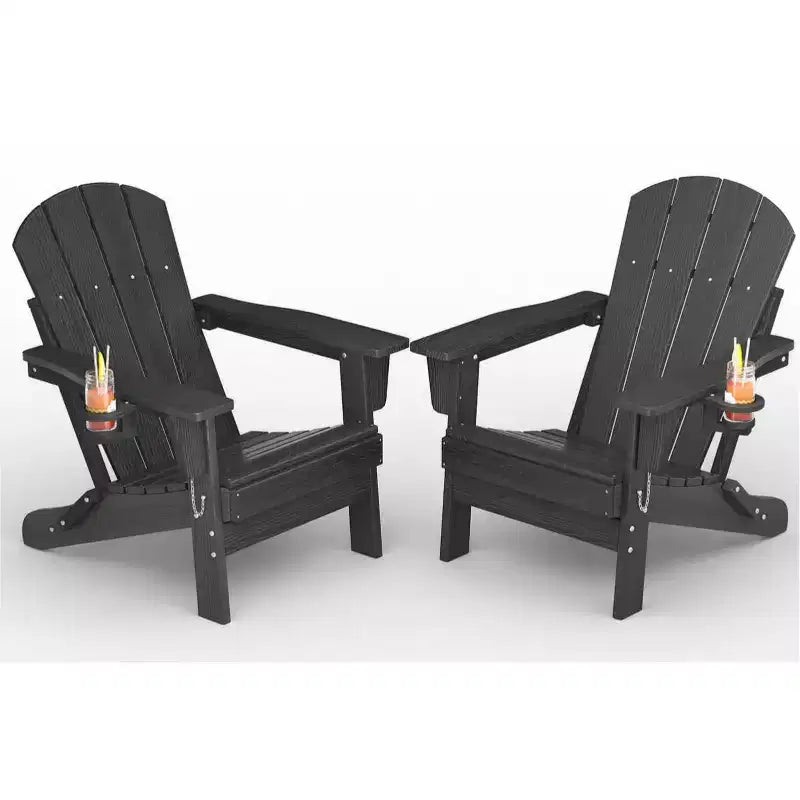 Folding Adirondack Chairs, All-Weather HDPE Outdoor Chairs with Cup Holders & Wood Texture for Patio, Fire Pit & Garden