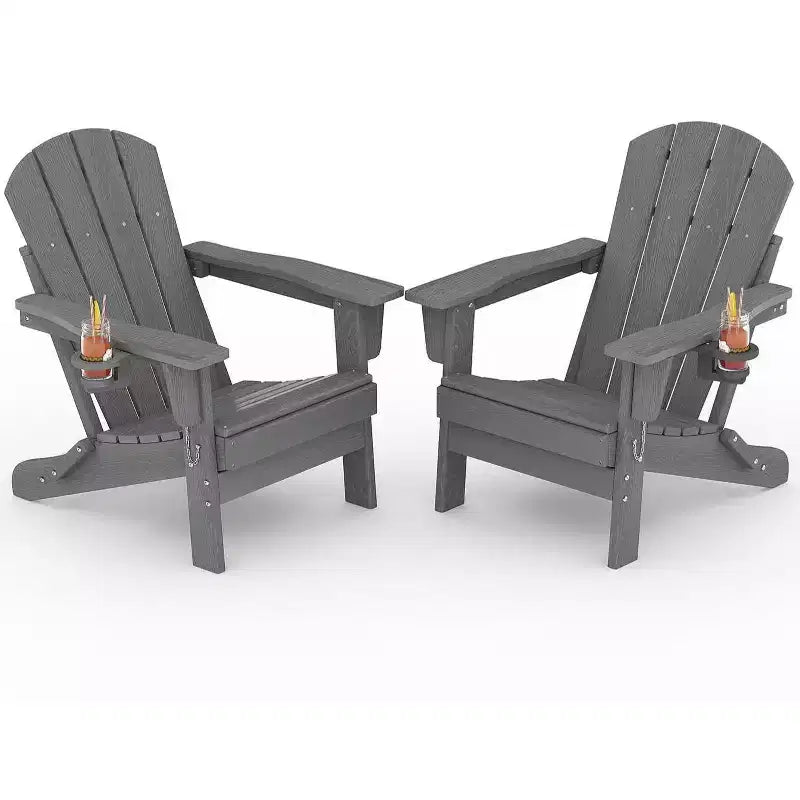 Folding Adirondack Chairs, All-Weather HDPE Outdoor Chairs with Cup Holders & Wood Texture for Patio, Fire Pit & Garden