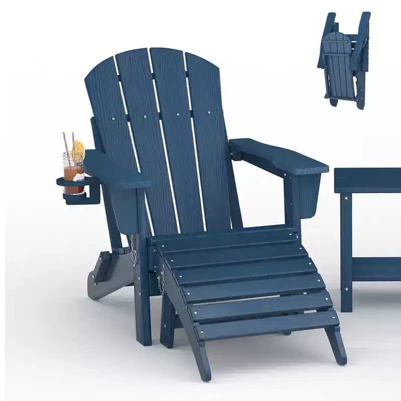 Folding Adirondack Chairs, All-Weather HDPE Outdoor Chairs with Cup Holders & Wood Texture for Patio, Fire Pit & Garden