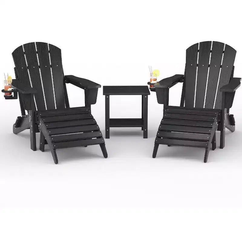 Folding Adirondack Chairs, All-Weather HDPE Outdoor Chairs with Cup Holders & Wood Texture for Patio, Fire Pit & Garden