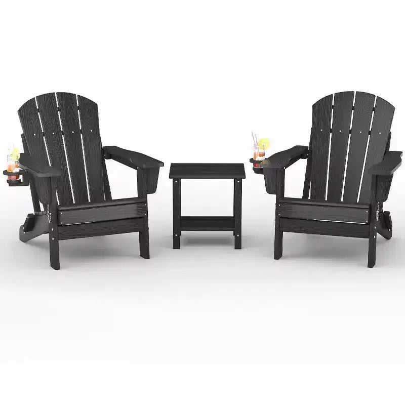 Folding Adirondack Chairs, All-Weather HDPE Outdoor Chairs with Cup Holders & Wood Texture for Patio, Fire Pit & Garden