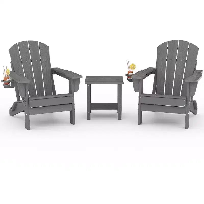 Folding Adirondack Chairs, All-Weather HDPE Outdoor Chairs with Cup Holders & Wood Texture for Patio, Fire Pit & Garden