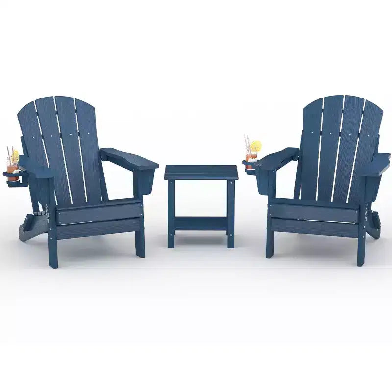Folding Adirondack Chairs, All-Weather HDPE Outdoor Chairs with Cup Holders & Wood Texture for Patio, Fire Pit & Garden