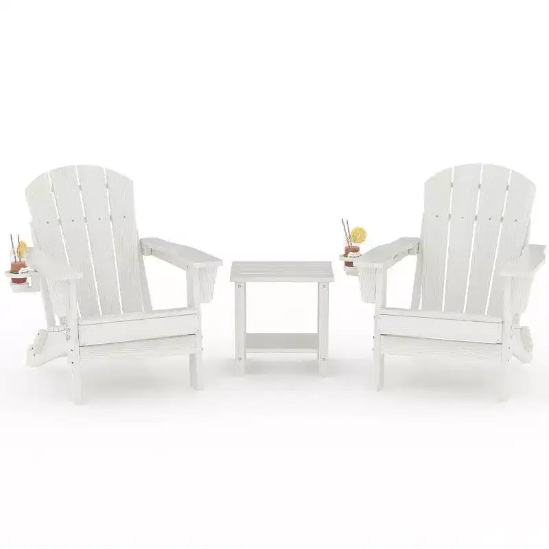 Folding Adirondack Chairs, All-Weather HDPE Outdoor Chairs with Cup Holders & Wood Texture for Patio, Fire Pit & Garden