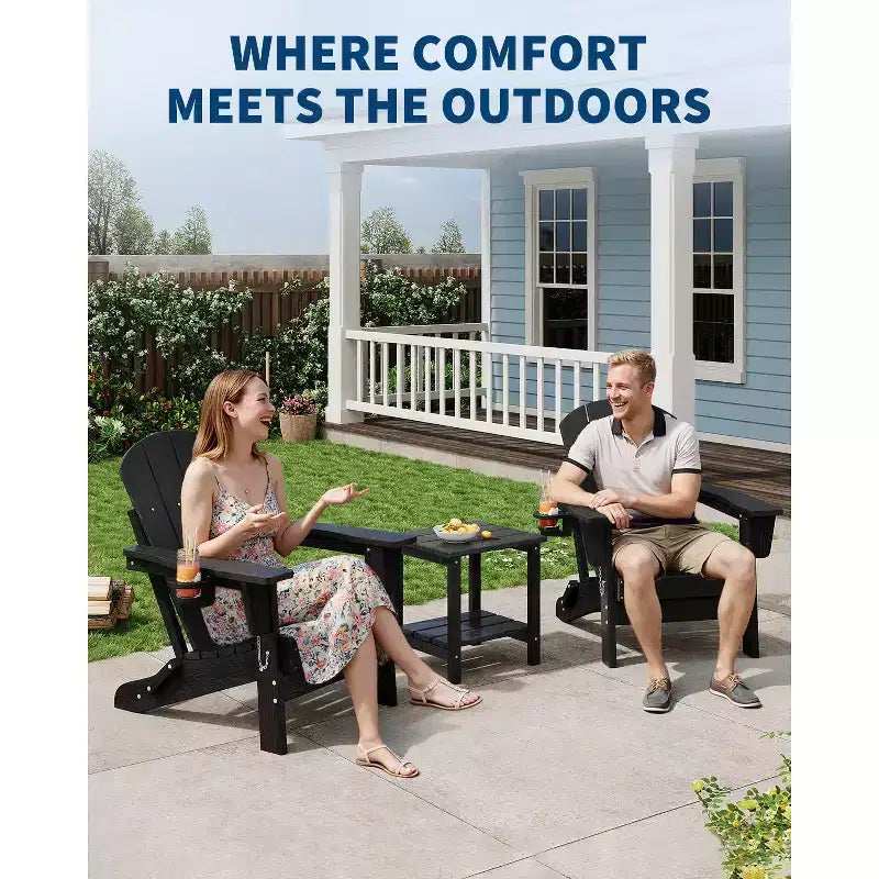 Fauteuils Adirondack pliables, chaises d'extérieur en PEHD tout temps avec texture bois et porte-gobelets pour patio, foyer extérieur et jardin, blanc